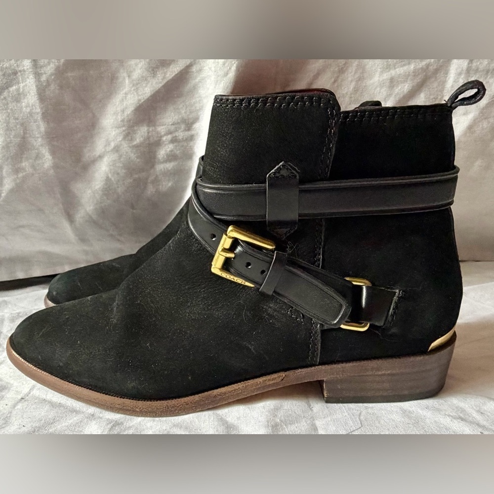 Coach Pauline BLACK REAL LEATHER 2" HIGH HEEL ZIP SIDE ROUND TOE ANKLE BOOTS 8B